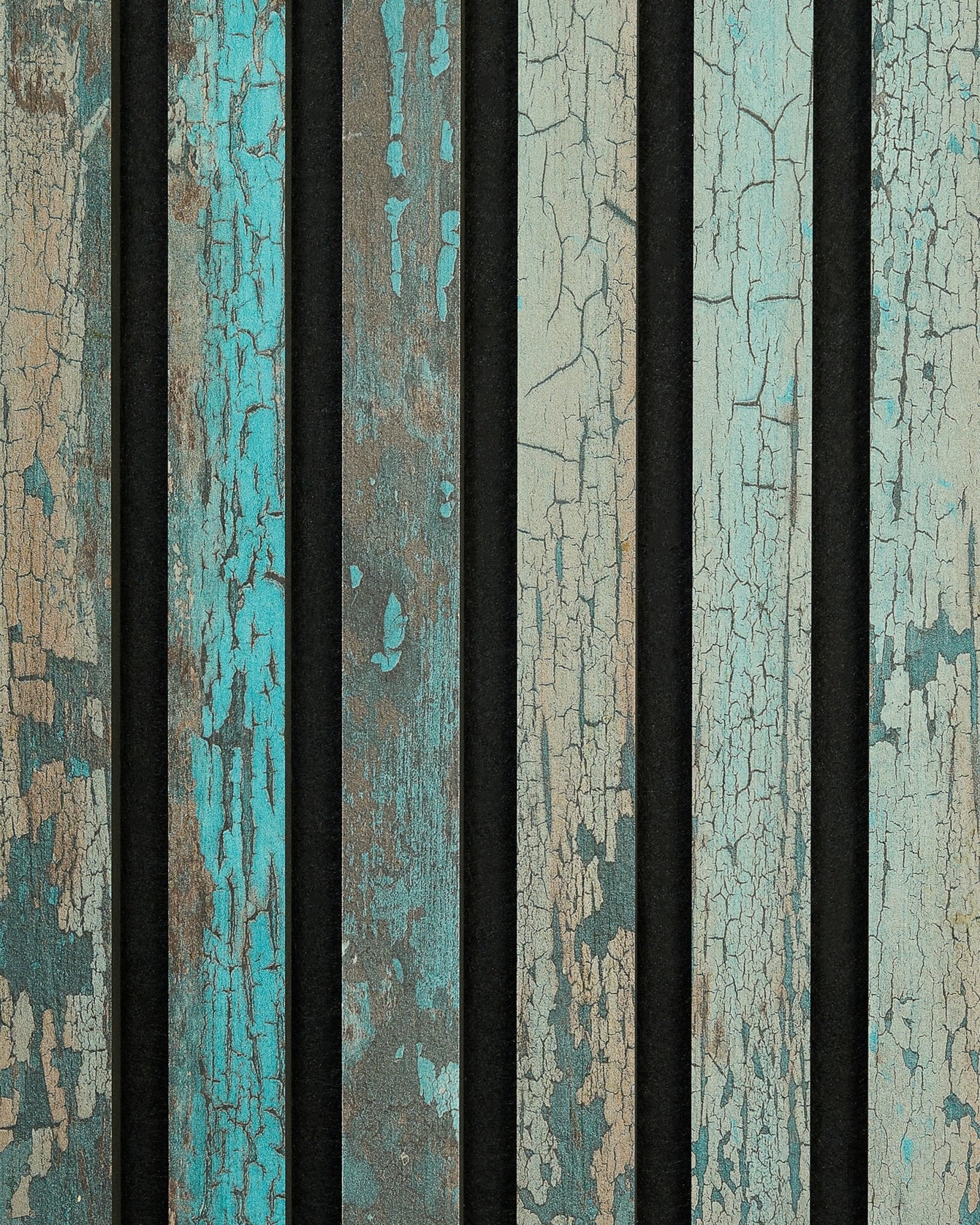 WoodUpp Rebel | Muestra / Blue Oxide Akupanel con lamas de madera envejecida, tonos azul verdoso, grietas visibles y huecos vertical oscuros para un estilo nórdico rústico.
