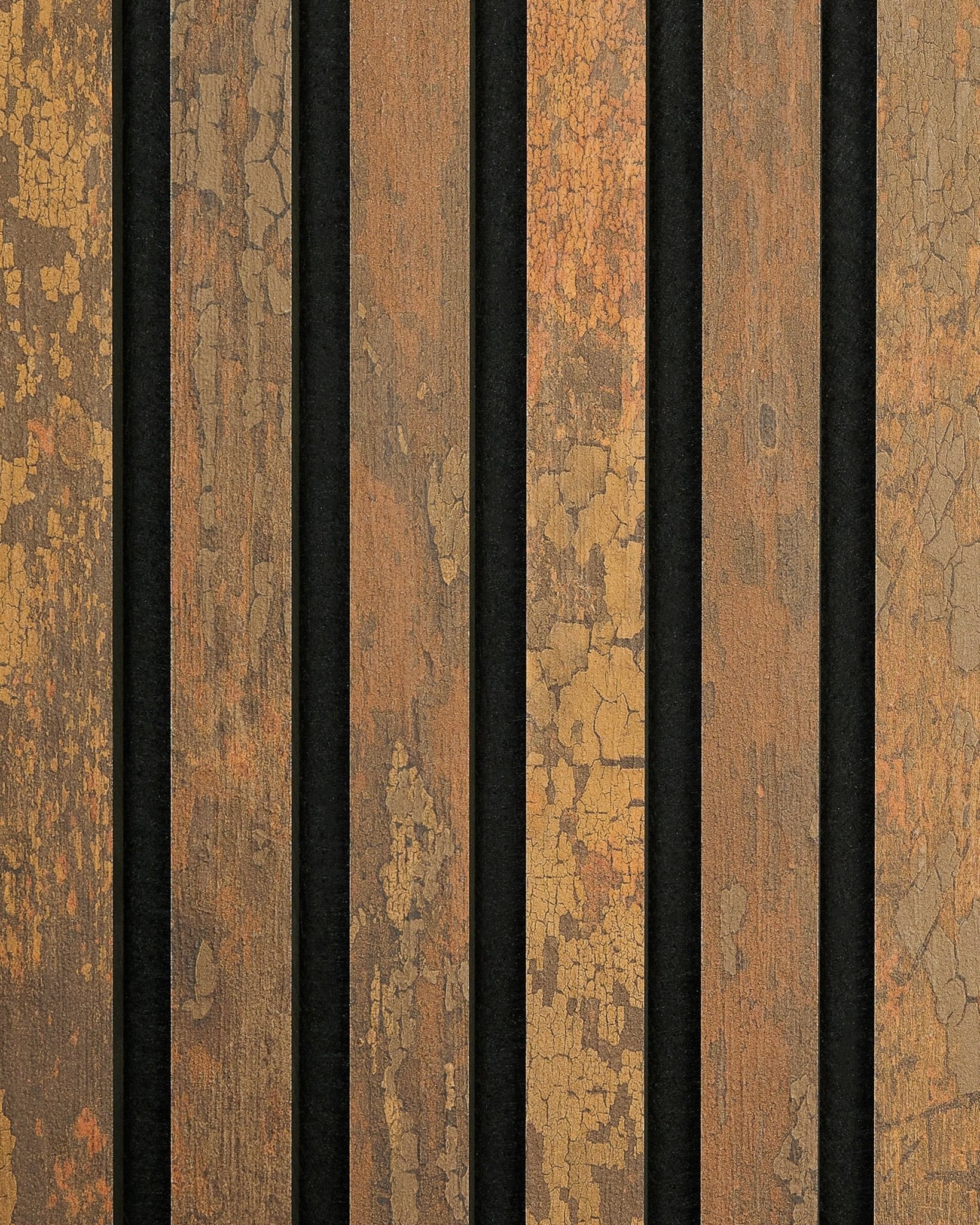 El Rebel | Muestra / Copper Oxide de WoodUpp muestra tablones rústicos de brown vertical Panel acústico con un aspecto envejecido y vintage.