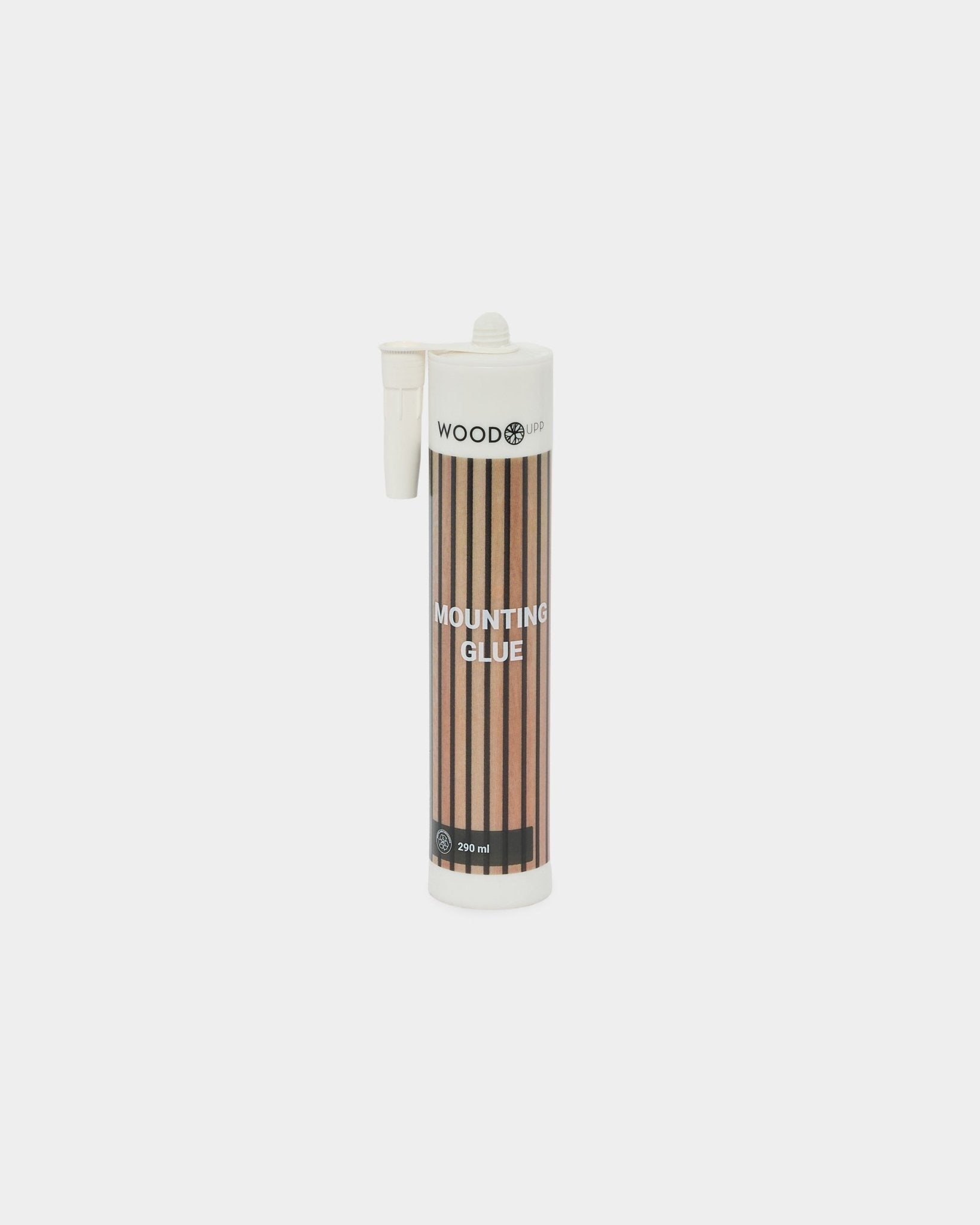 Tubo de 290 ml de adhesivo de montaje WoodUpp con una etiqueta de rayas brown y boquilla aplicadora, diseñado para instalar con seguridad paneles acústicos Akupanel.
