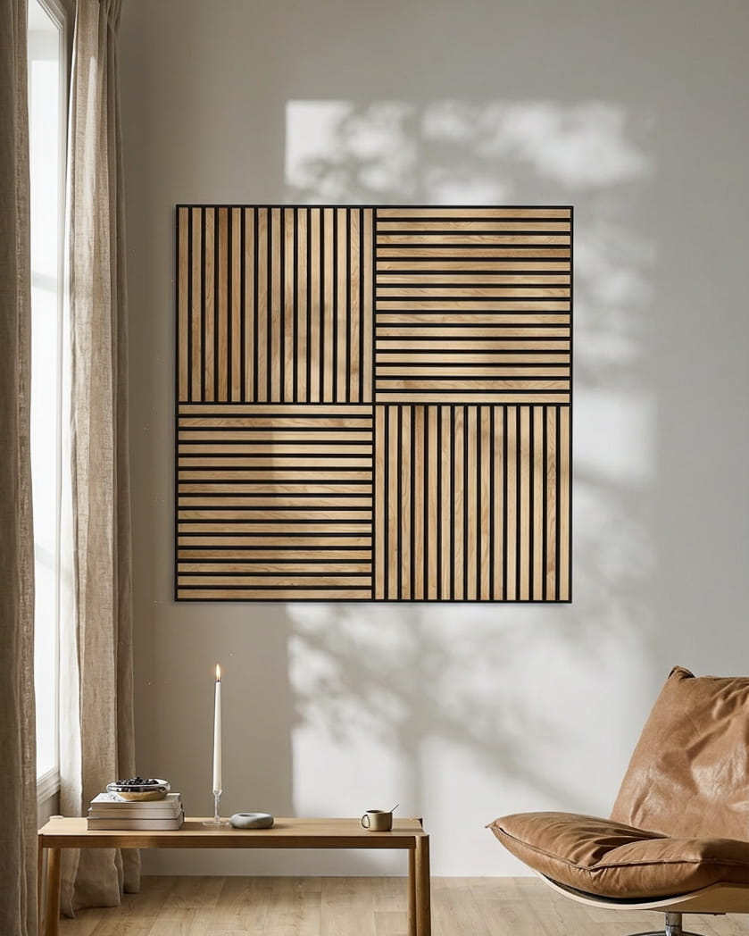 Salón moderno con una silla de cuero, una vela encendida y WoodUpp Akupixel Panel acústico en Rustic Natural Oak, proyectando sombras geométricas en la pared.