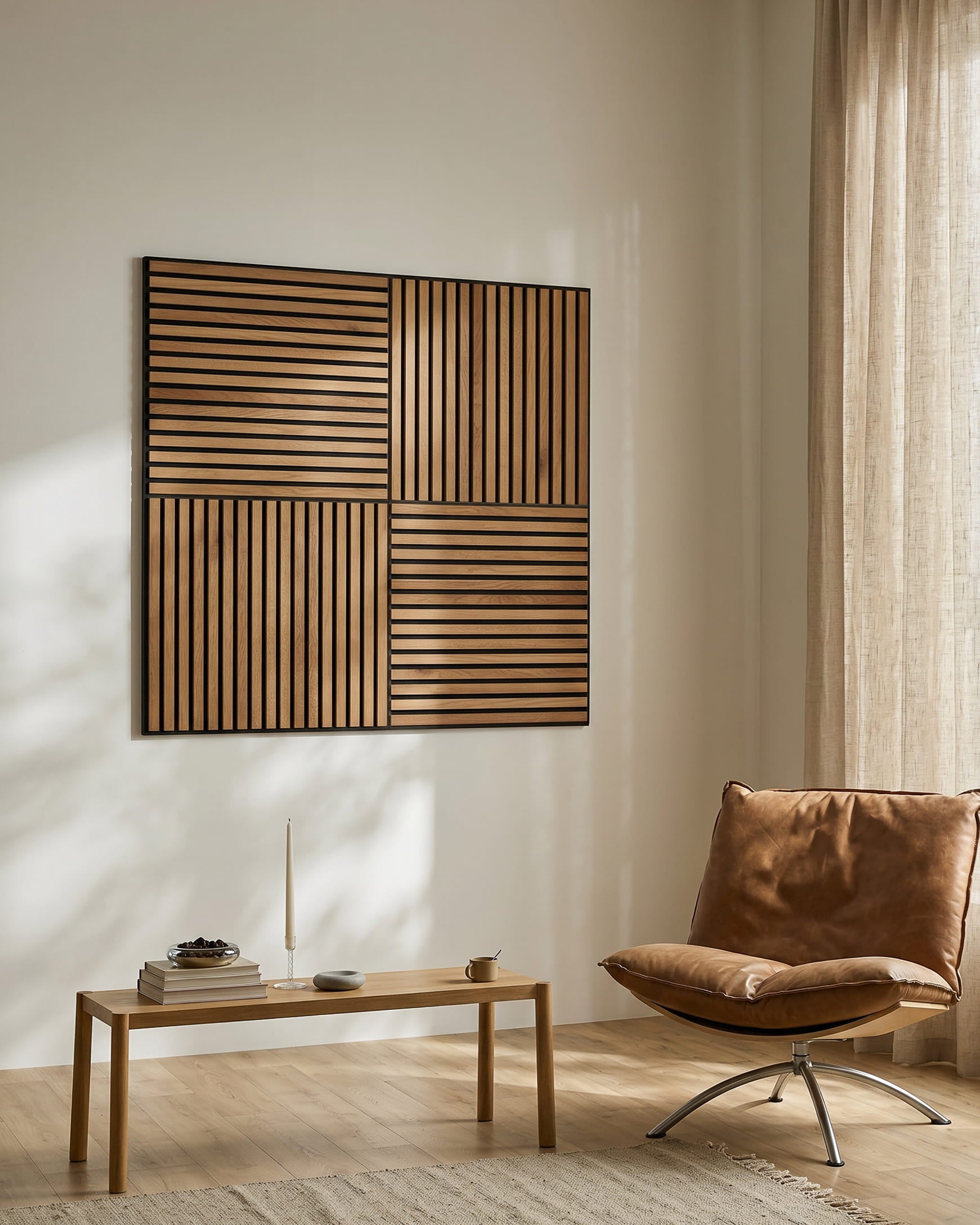 Salón minimalista con una silla lounge brown, una mesa de centro de madera y WoodUpp Akupixel Rustic Brown Oak Panel acústico en la pared, con luz natural.