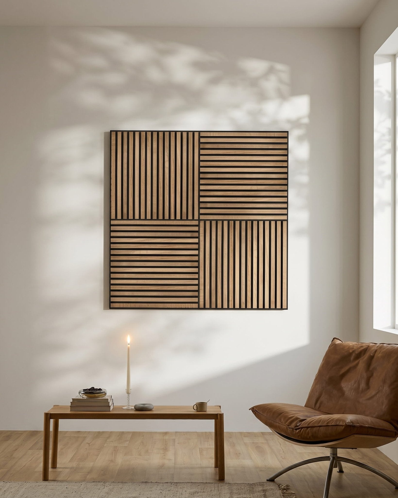 Habitación nórdica minimalista con un WoodUpp Akupixel Walnut Panel acústico en la pared, una vela encendida sobre una mesa baja, libros y una silla brown junto a una ventana.