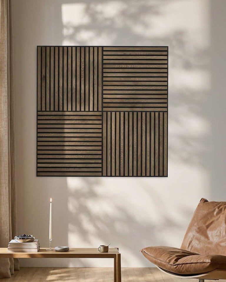 Espacio minimalista con una silla de cuero, una vela y WoodUpp Akupixel Panel acústico en rústico grey oak, proyectando sombras geométricas en la pared.