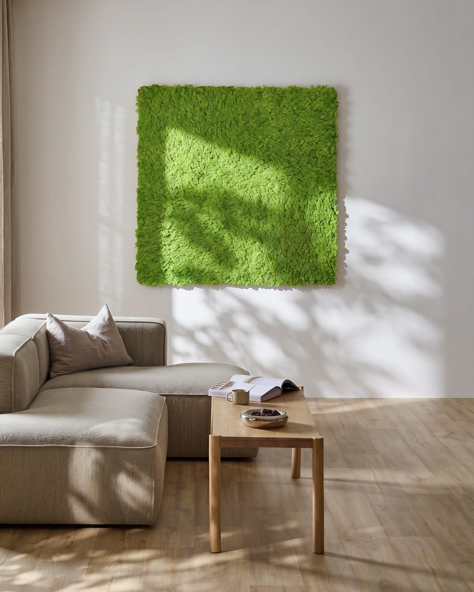 Salón moderno con un sofá beige y WoodUpp Akupixel Panel acústico en Moss / Apple Green, 60x60 cm, montado en la pared. La luz del sol proyecta sombras cerca.