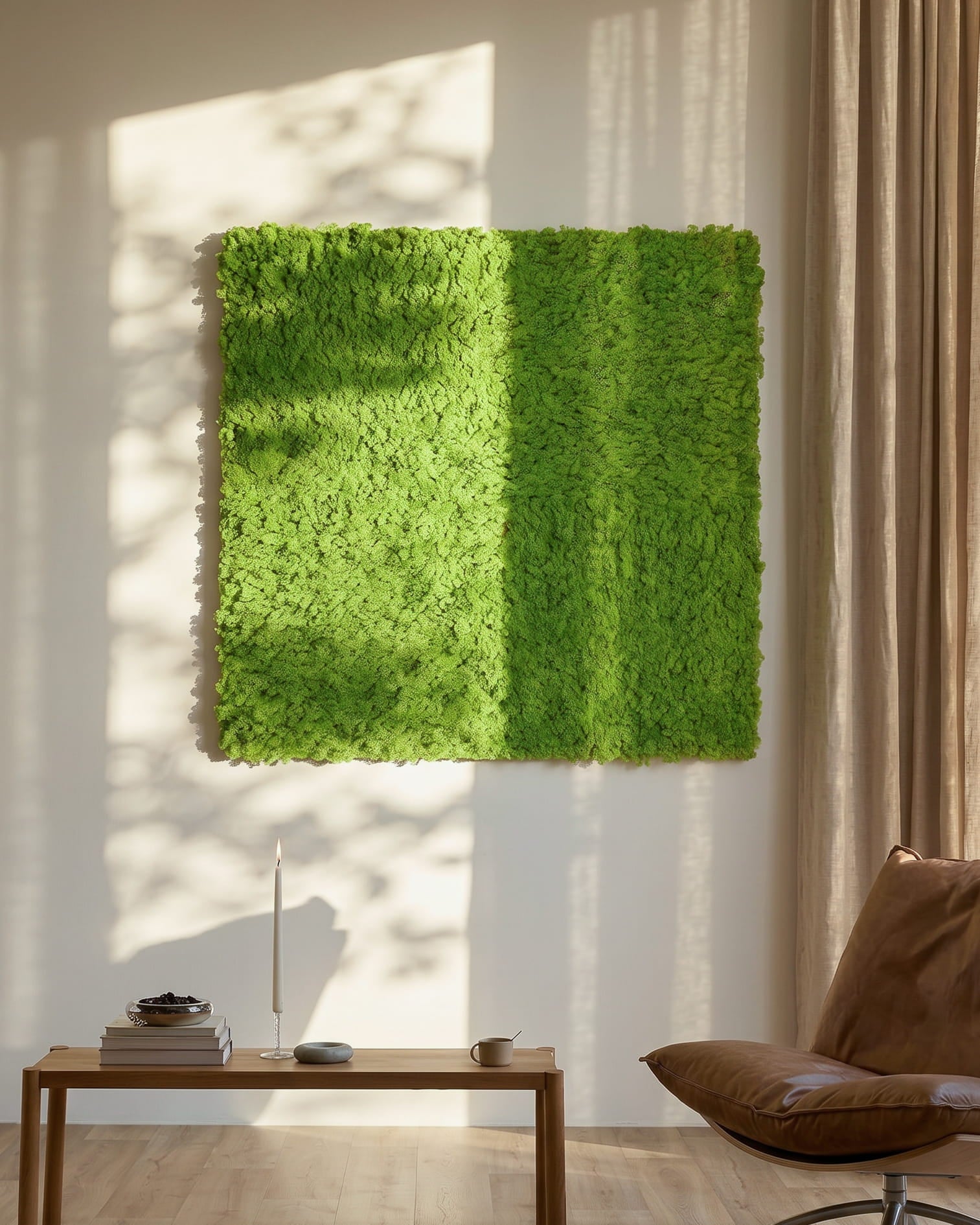 Akupixel Panel acústico en Moss / Apple Green, 60 x 60 cm de WoodUpp, montado en una pared iluminada por el sol sobre una mesa small y cortinas beige.