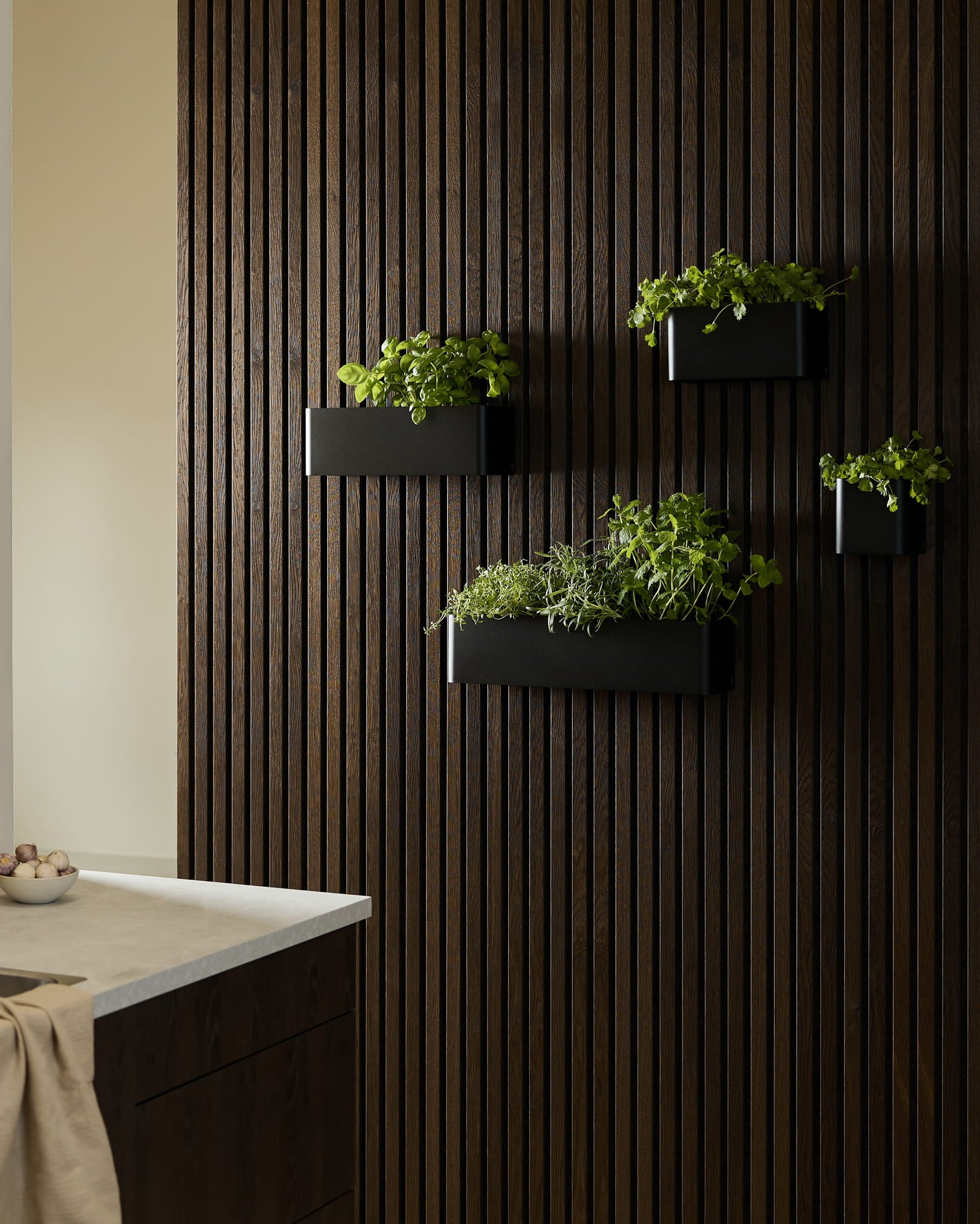 Black maceteros de pared y una caja para plantas WoodUpp Norr con hierbas verdes sobre un Panel acústico de madera oscura Akupanel en una cocina moderna.