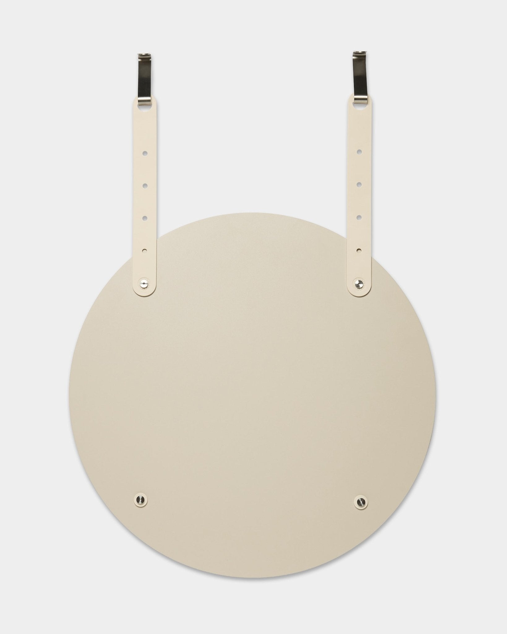 El Vala | Mirror / BM1 de WoodUpp es un espejo de pared redondo, beige, con correas de cuero ajustables para colgarlo; la instalación no requiere perforar la pared.