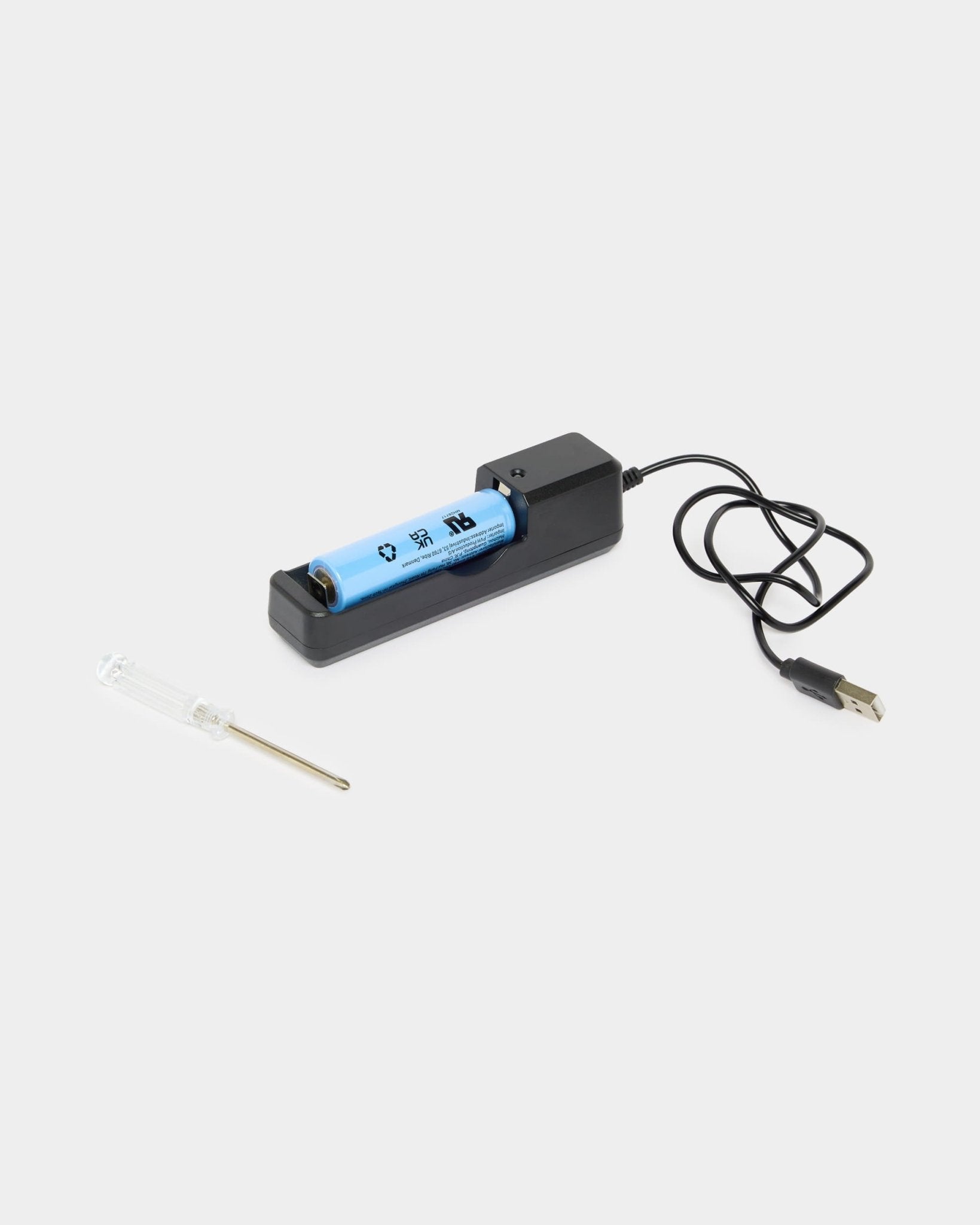 La lámpara LED portátil Vala de WoodUpp, con batería azul, cargador USB negro, cable y destornillador incluidos, para su uso sin cables.