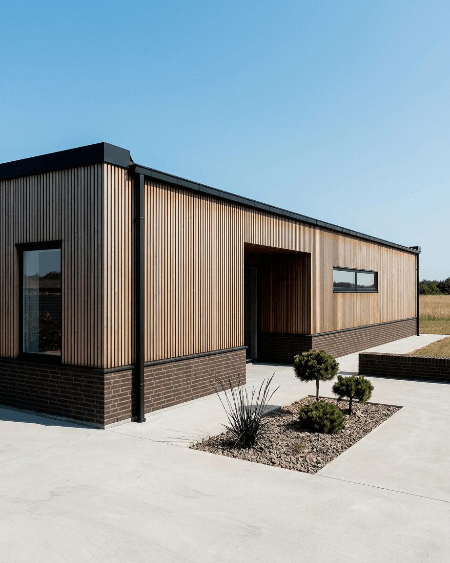 Casa de una sola planta con paneles de fachada WoodUpp Aluwood en Thermowood brown, una base de ladrillo oscuro, ventanas large y jardinería minimalista.