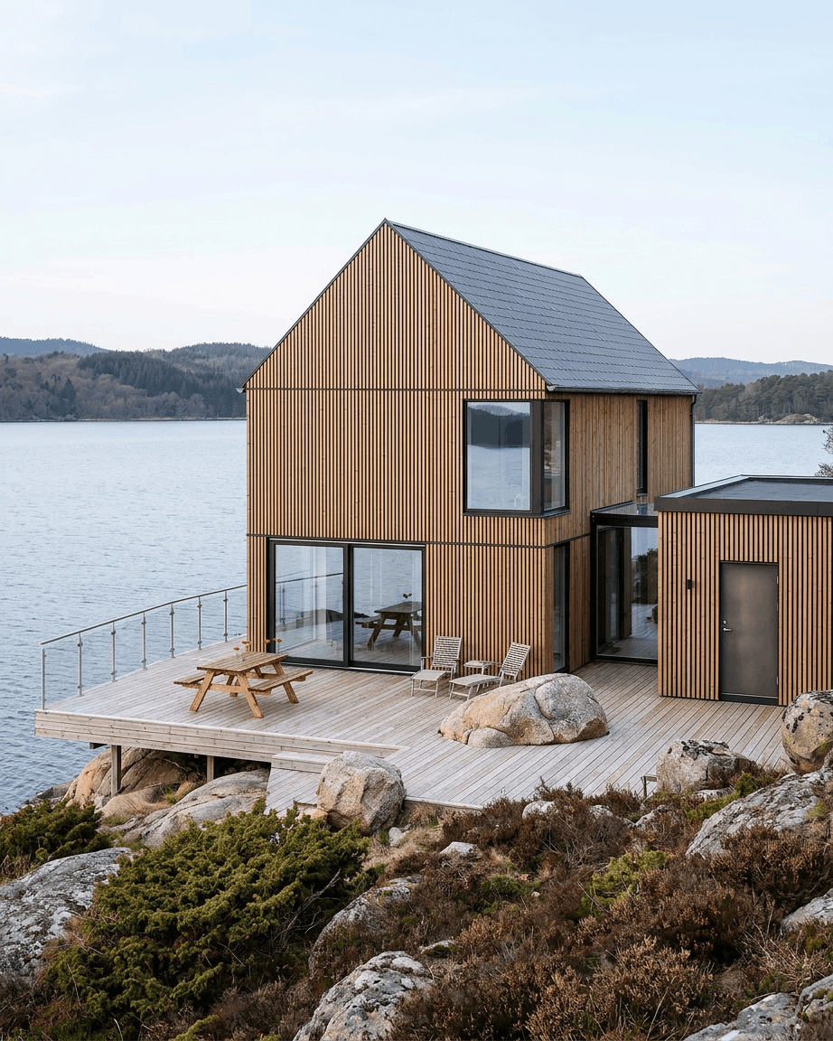 Una casa moderna con paneles de fachada WoodUpp Aluwood en Thermowood Brown, con un acabado de pino nórdico en una terraza rocosa junto al lago, rodeada de naturaleza.