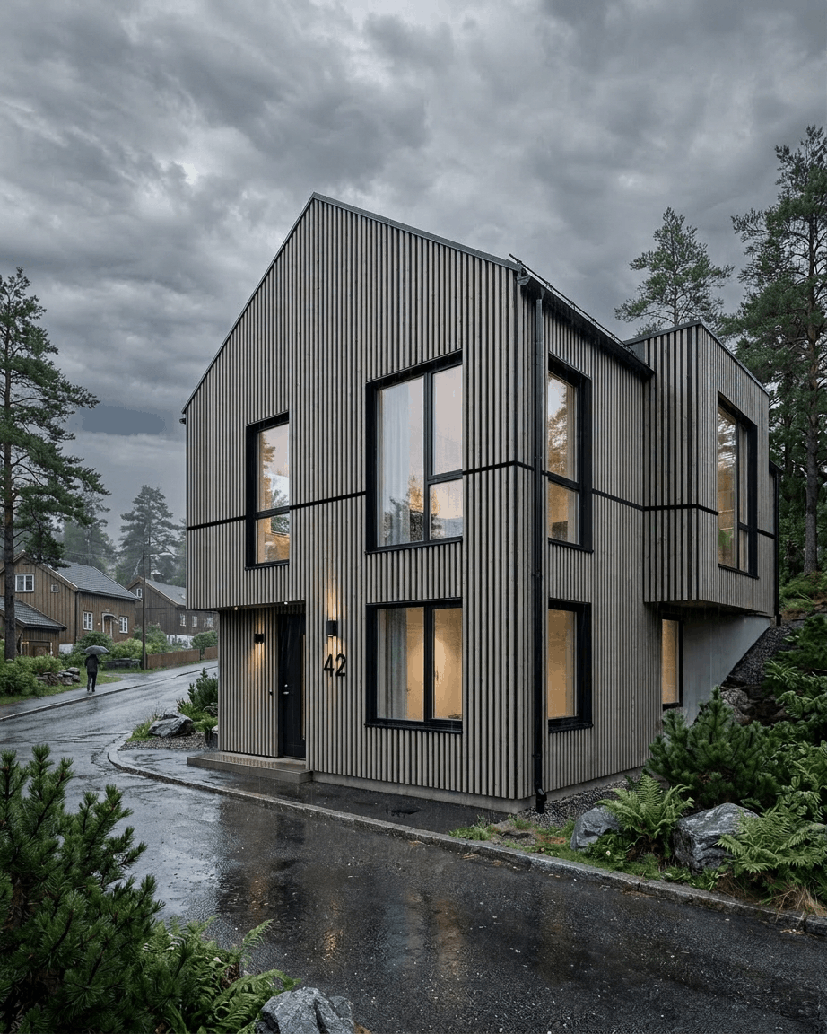 Casa moderna de dos plantas con ventanas large, con paneles de fachada WoodUpp Aluwood Thermowood Grey, en un día lluvioso rodeada de árboles y vegetación.