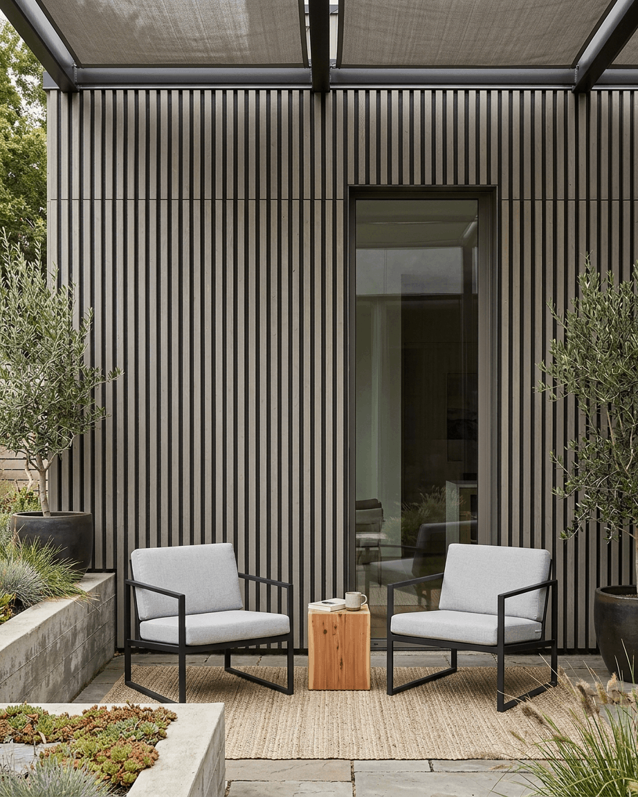 Dos sillones grises y una mesa en un patio con abundantes plantas, con paneles de fachada WoodUpp Aluwood Outdoor Thermowood en grey al fondo.