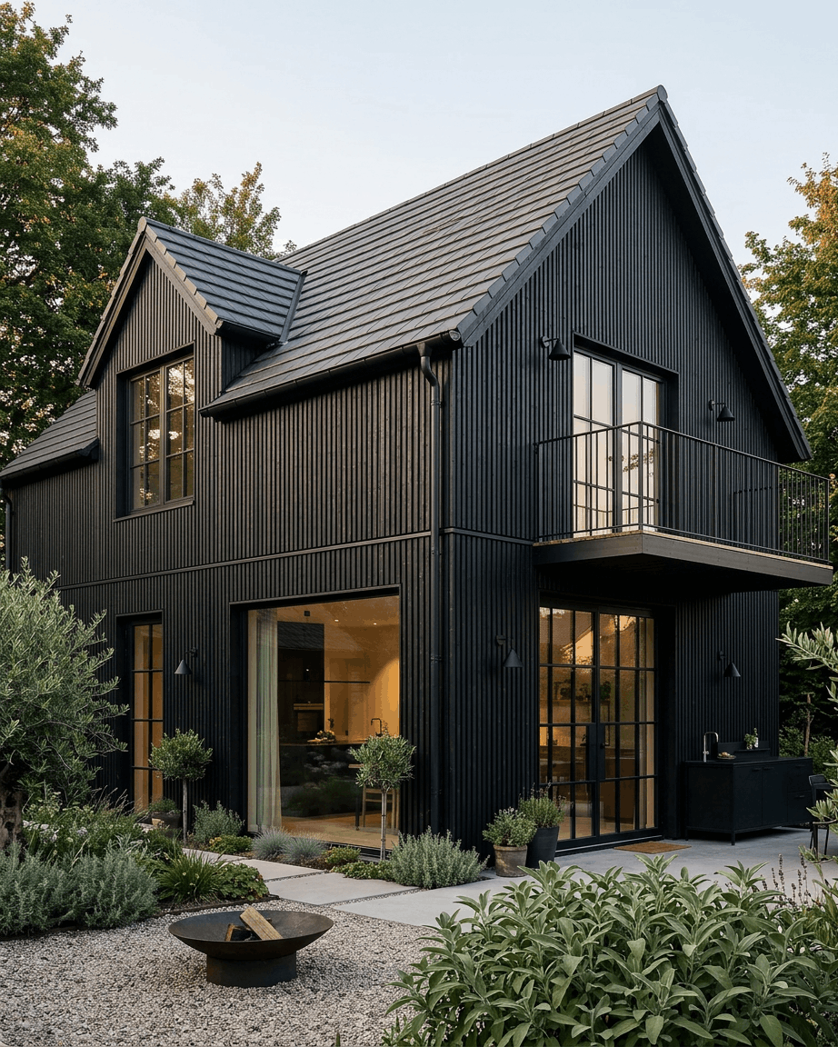 Casa negra con paneles de fachada WoodUpp Aluwood Thermowood, grandes ventanales, balcón, cocina exterior, jardín ajardinado, árboles y una hoguera en la entrada.