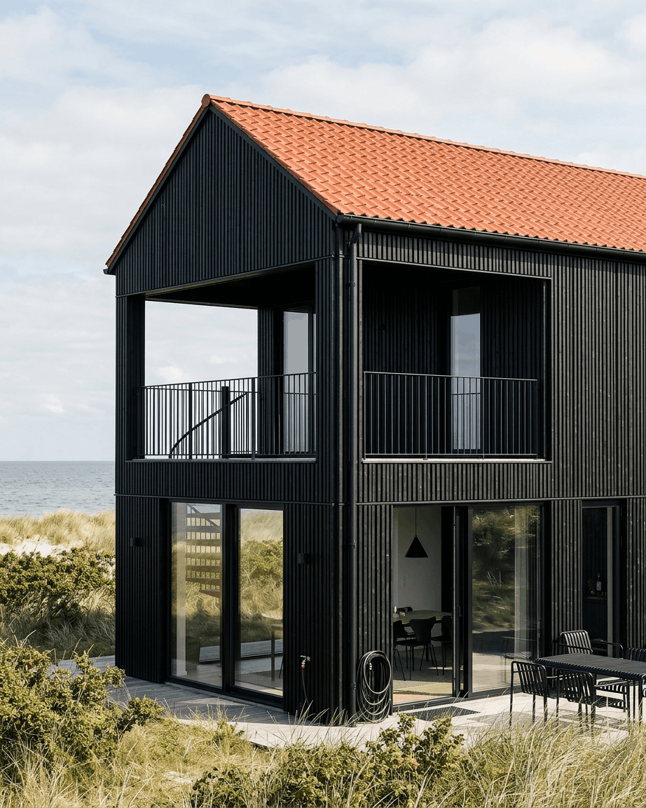 Casa moderna con grandes ventanales, tejado rojo y paneles de fachada WoodUpp Aluwood Thermowood Black (240 x 45,1 cm), cerca de las dunas de la playa y con el mar al fondo.