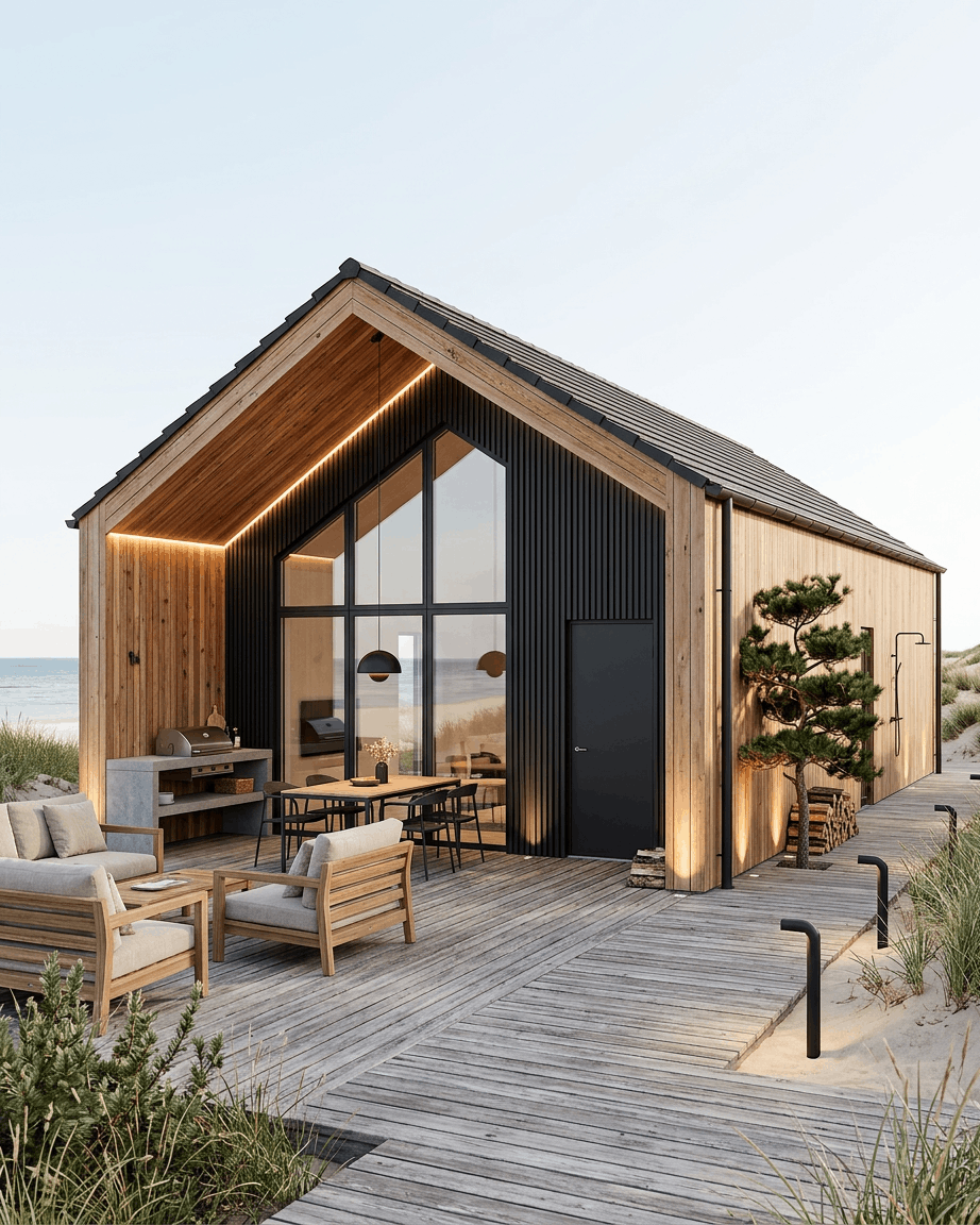 Casa de playa moderna con ventanas de cristal large, asientos de exterior y paneles de fachada WoodUpp Aluwood black, rodeada de dunas de arena y hierba de playa.