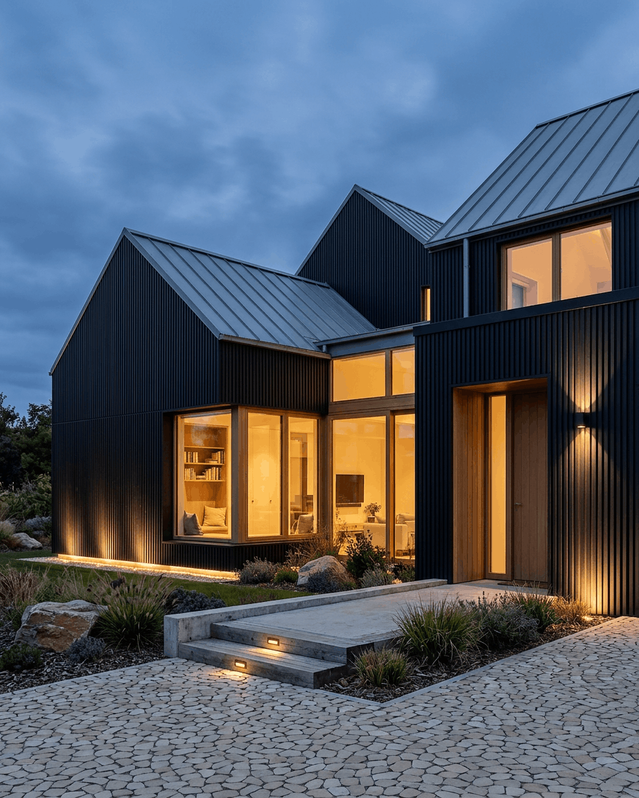 Casa moderna con paneles de fachada de aluminio reciclado negro de WoodUpp Aluwood, grandes ventanales, un interior cálido a la luz del atardecer, un camino de piedra y un jardín delantero cuidado.