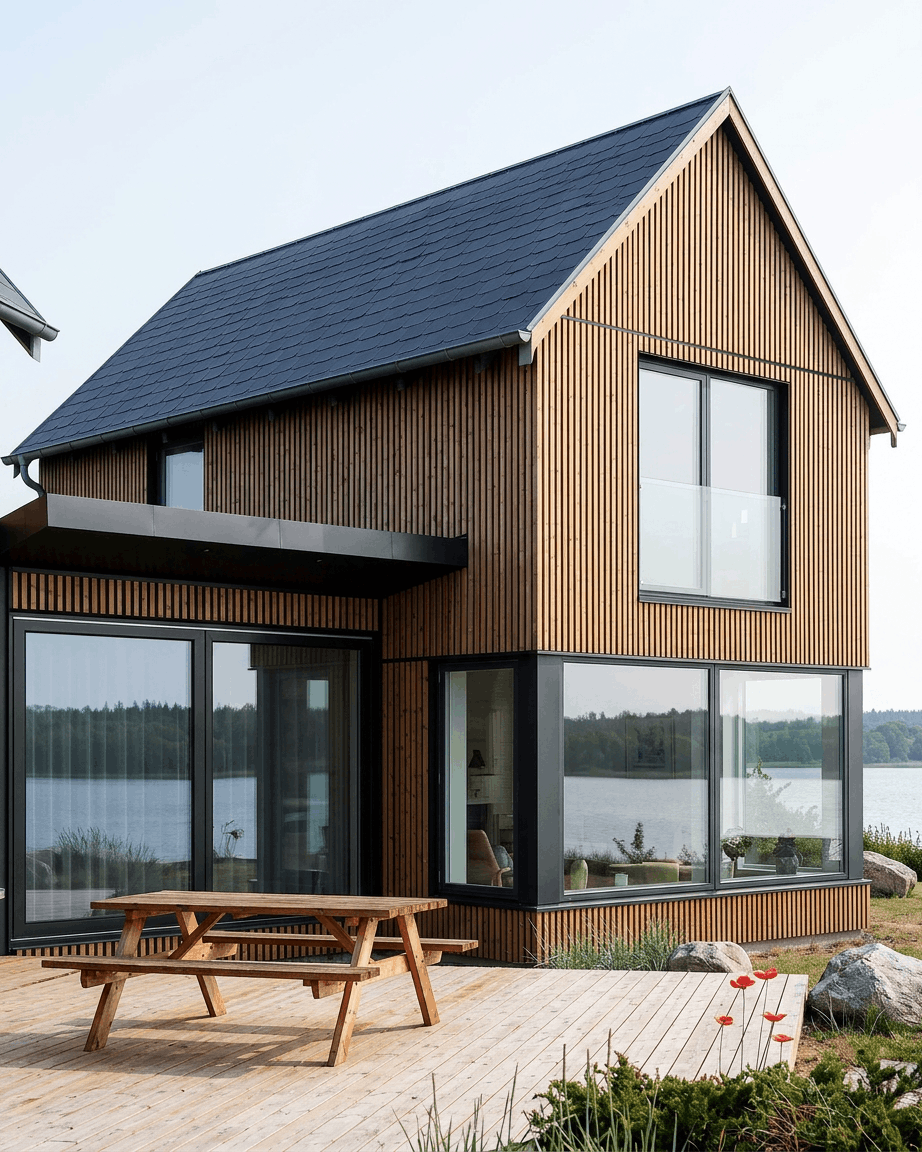La casa junto al lago, con grandes ventanales y tejado inclinado, está revestida exteriormente con paneles de fachada WoodUpp Aluwood en el color Thermowood Oiled Brown.