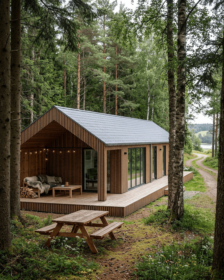 Una cabaña moderna con paneles de fachada WoodUpp Aluwood Thermowood, grandes ventanales con vistas al bosque y una mesa de pícnic junto a un lago.