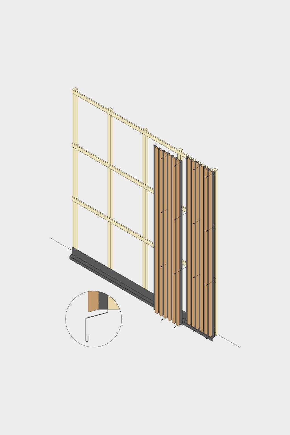 Dibujo isométrico de la instalación del panel de fachada WoodUpp Aluwood, sección inferior de 240 cm, que muestra lamas de madera, remate black y detalle de fijación de las lamas.