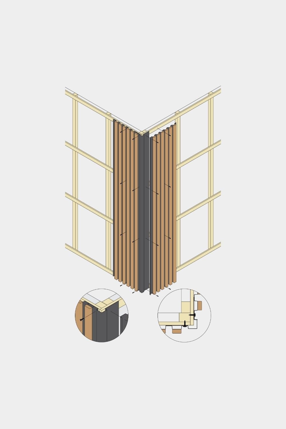 Dibujo isométrico de un panel de fachada WoodUpp Aluwood con esquina exterior de 240 cm, que muestra vistas detalladas de la estructura de soporte y del perfil angular de aluminio.