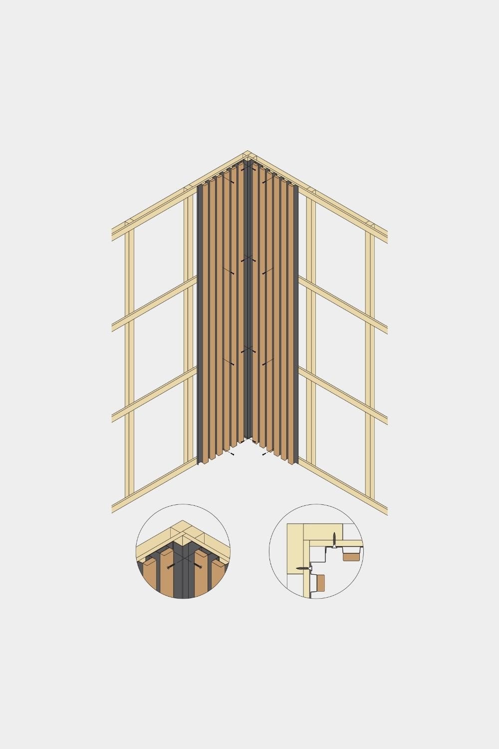 Diagrama isométrico de la esquina interior del panel de fachada WoodUpp Aluwood, 240 cm, que muestra lamas de madera con perfil de aluminio en dos vistas detalladas en primer plano.