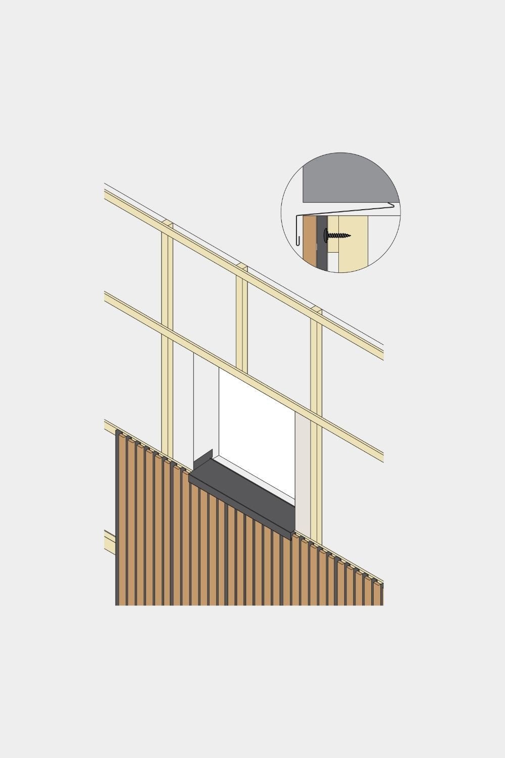 Diagrama de un alféizar para panel de fachada WoodUpp Aluwood de 240 cm, que muestra la protección contra la entrada de agua en el perfil de aluminio con fijación mediante tornillos.