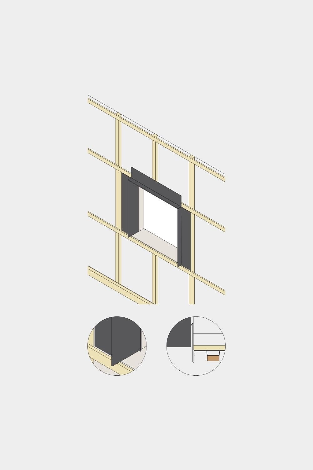 Dibujo isométrico de una pared con hueco de ventana, con remate para panel de fachada Aluwood (black con recubrimiento en polvo) y detalles ampliados de la instalación del perfil de borde de aluminio WoodUpp.