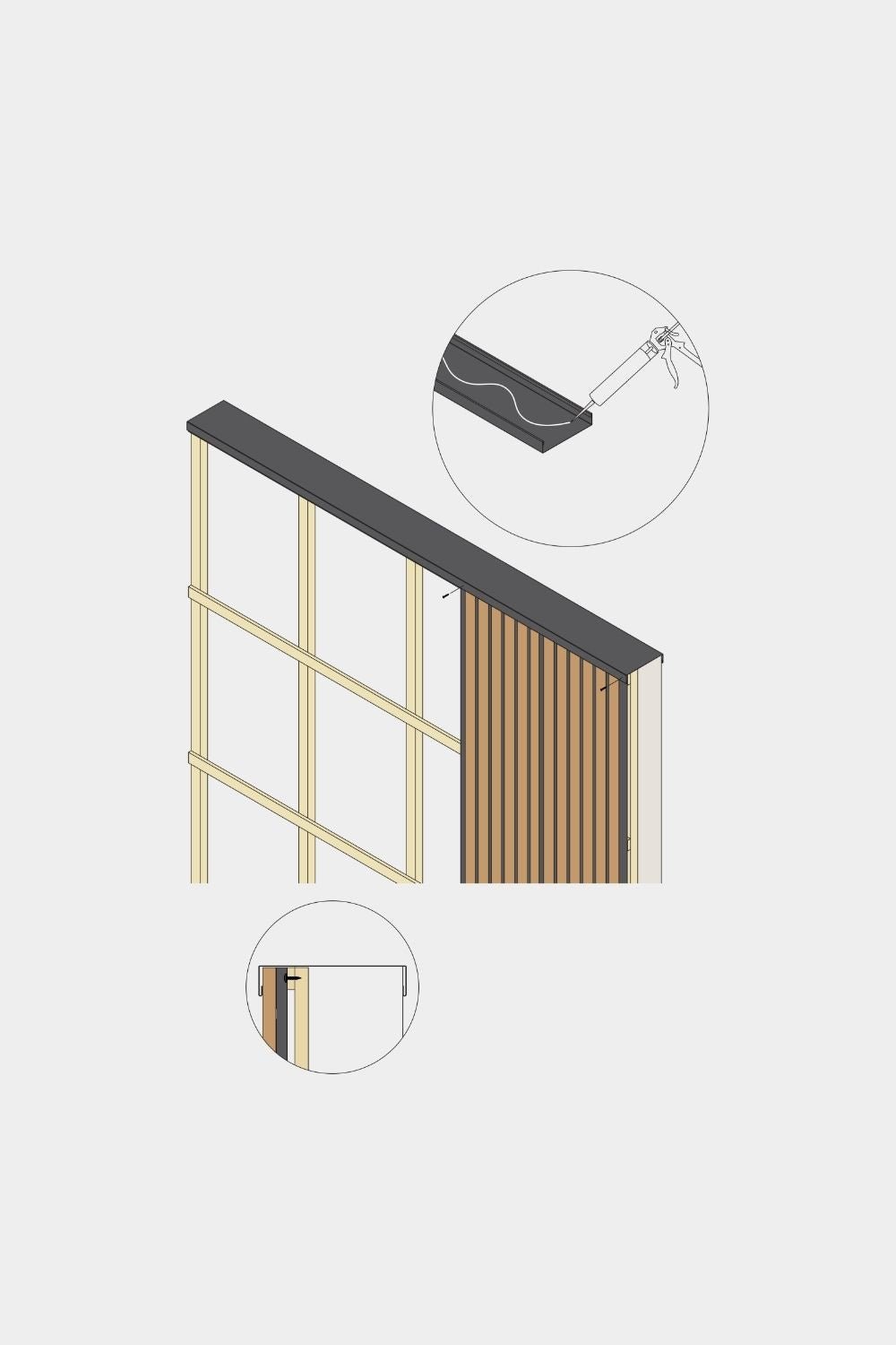 Dibujo isométrico del remate superior para pared de panel de fachada WoodUpp Aluwood, 240 cm x 25 cm, con lamas de madera, perfil de aluminio y dos detalles ampliados.