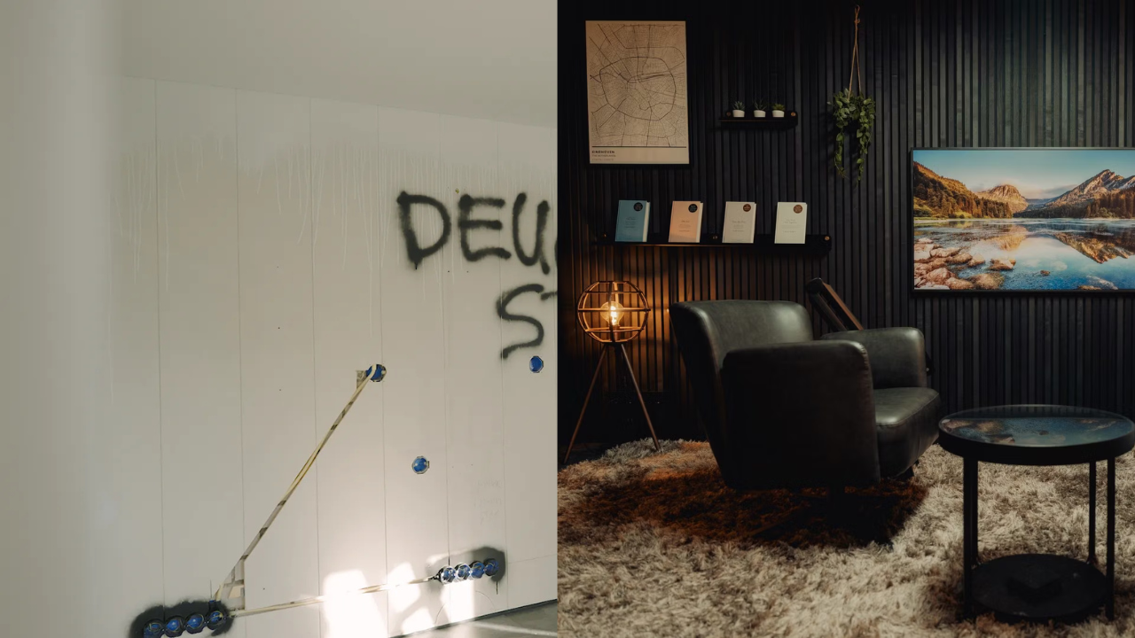 Imagen dividida: a la izquierda, una pared blanca con cables a la vista y grafitis; a la derecha, una moderna habitación con decoración nórdica y un acogedor sillón.