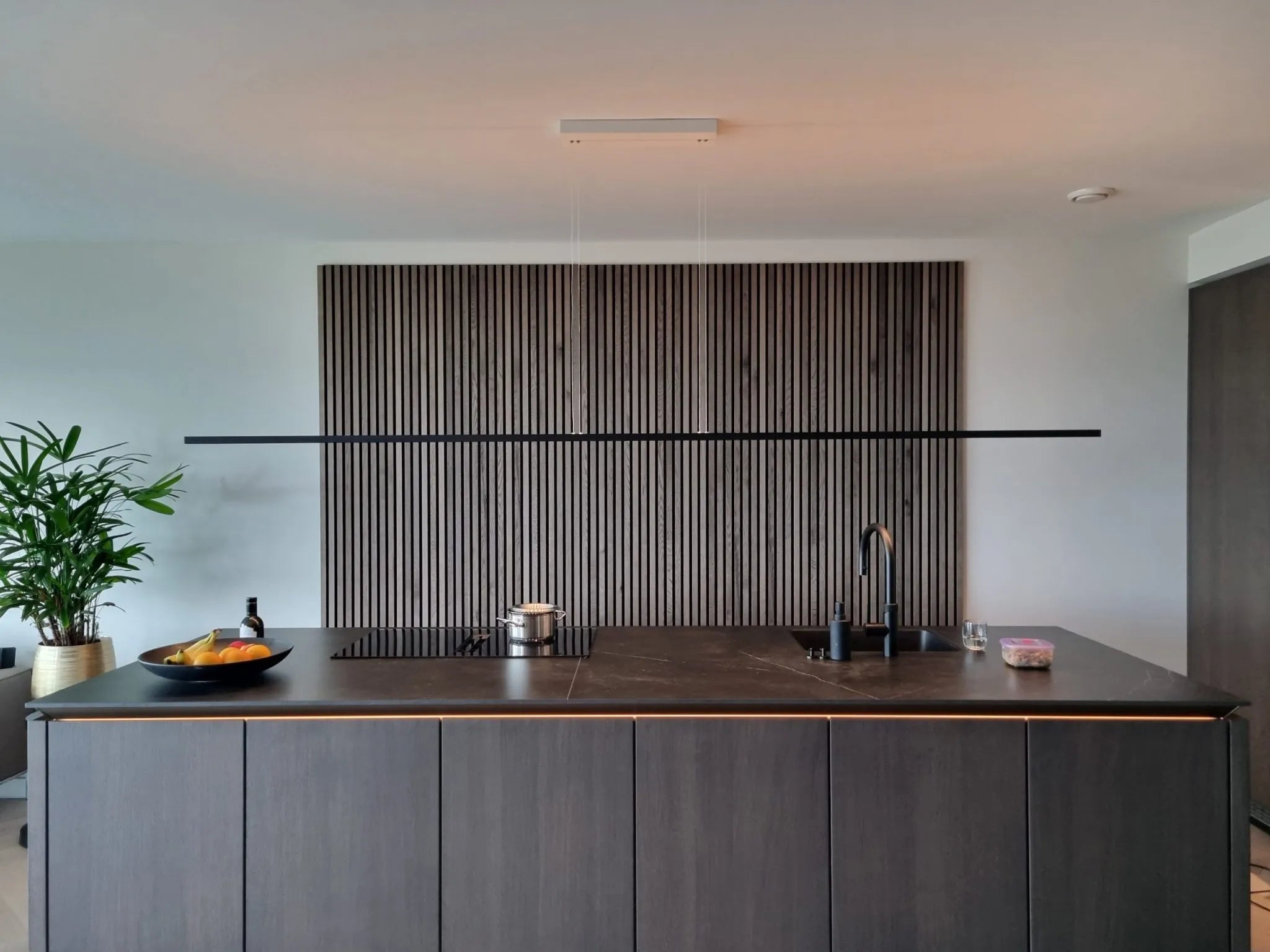 Cocina moderna con una isla oscura, fregadero y hornillo empotrados, frutero y una planta en maceta. Paneles verticales de madera acústica Akupanel acentúan la pared detrás de la isla.