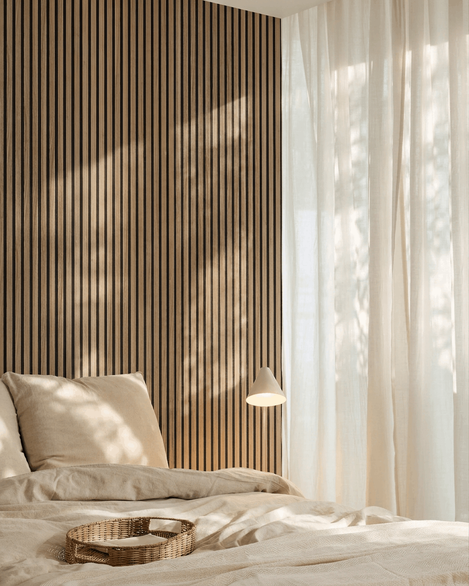 Dormitorio minimalista con ropa de cama beige, cortinas translúcidas, una lámpara colgante y una pared de acento con WoodUpp Akupanel de lamas acústicas de madera (nogal inglés) detrás de la cama.