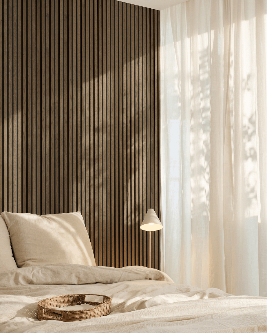 Dormitorio escandinavo minimalista con una pared de acento WoodUpp Akupanel Natural Wood Panel acústico, ropa de cama beige, bandeja de mimbre y cortinas vaporosas.