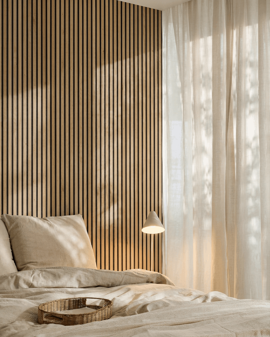 Dormitorio escandinavo minimalista con ropa de cama beige, panel acústico de lamas Akupanel Natural Oak de WoodUpp, bandeja de mimbre sobre la cama y cortinas translúcidas que suavizan la luz.