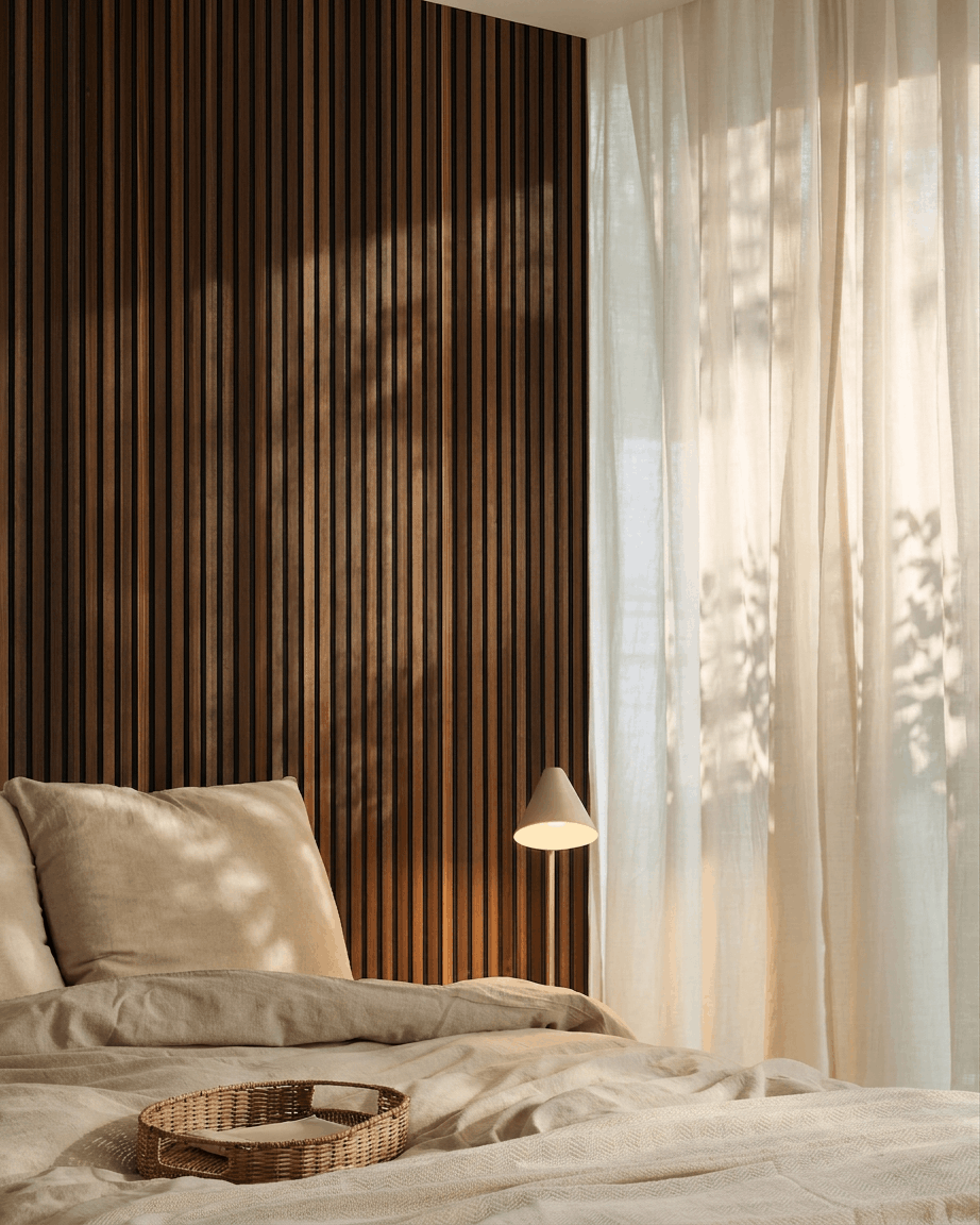 Dormitorio con ropa de cama beige, cortinas translúcidas y un panel de pared acústico de listones WoodUpp Akupanel en smoked larch con fieltro black mientras entra la luz del sol.