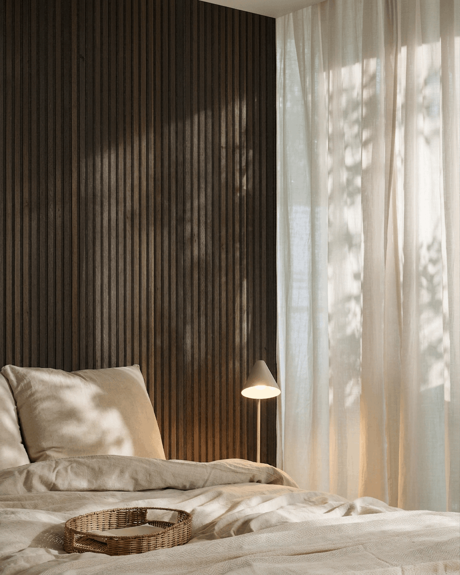 Cama con ropa de cama beige junto a un WoodUpp Akupanel en rustic smoked oak; decorada con una bandeja de mimbre, lámpara moderna y cortinas translúcidas iluminadas por el sol.