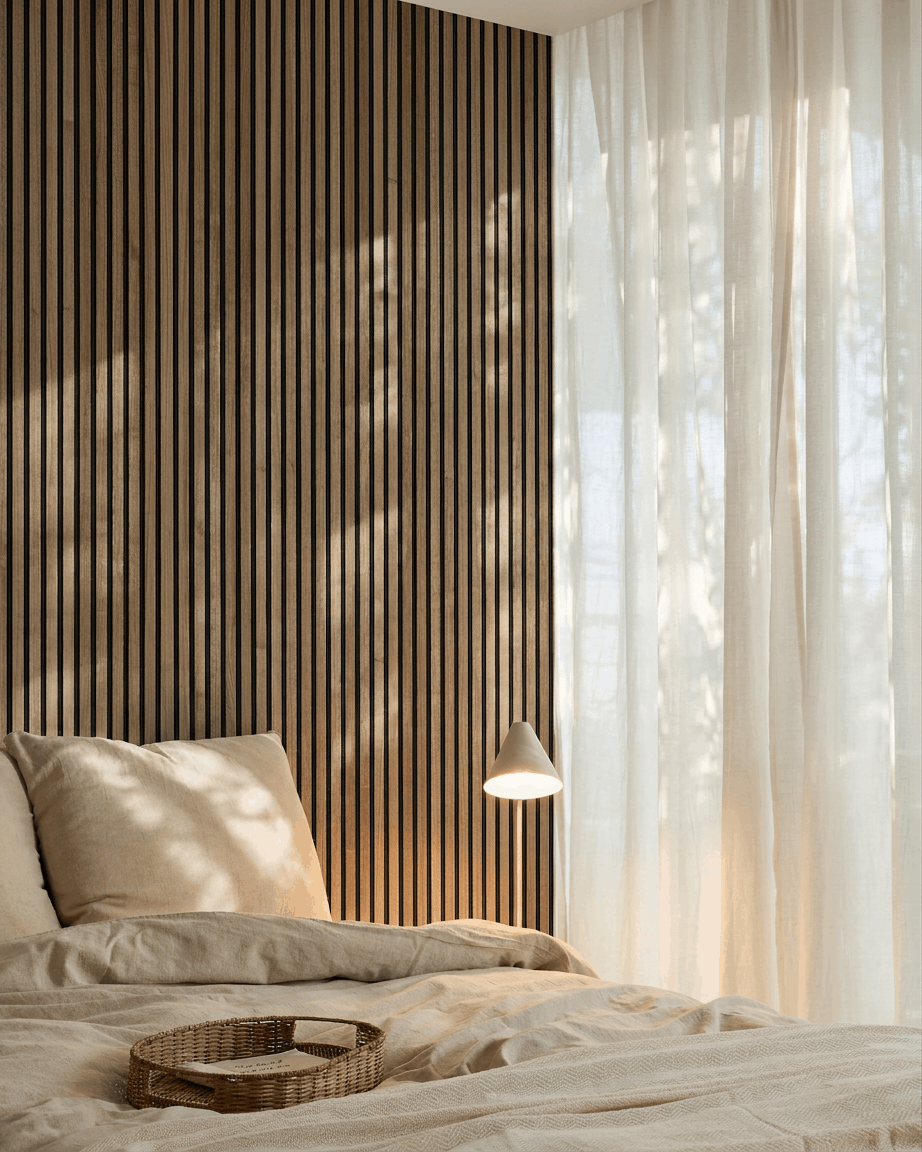 Dormitorio escandinavo minimalista con una pared acústica de listones en nogal WoodUpp Akupanel, ropa de cama beige, una bandeja de mimbre sobre la cama y cortinas translúcidas que filtran una luz suave.