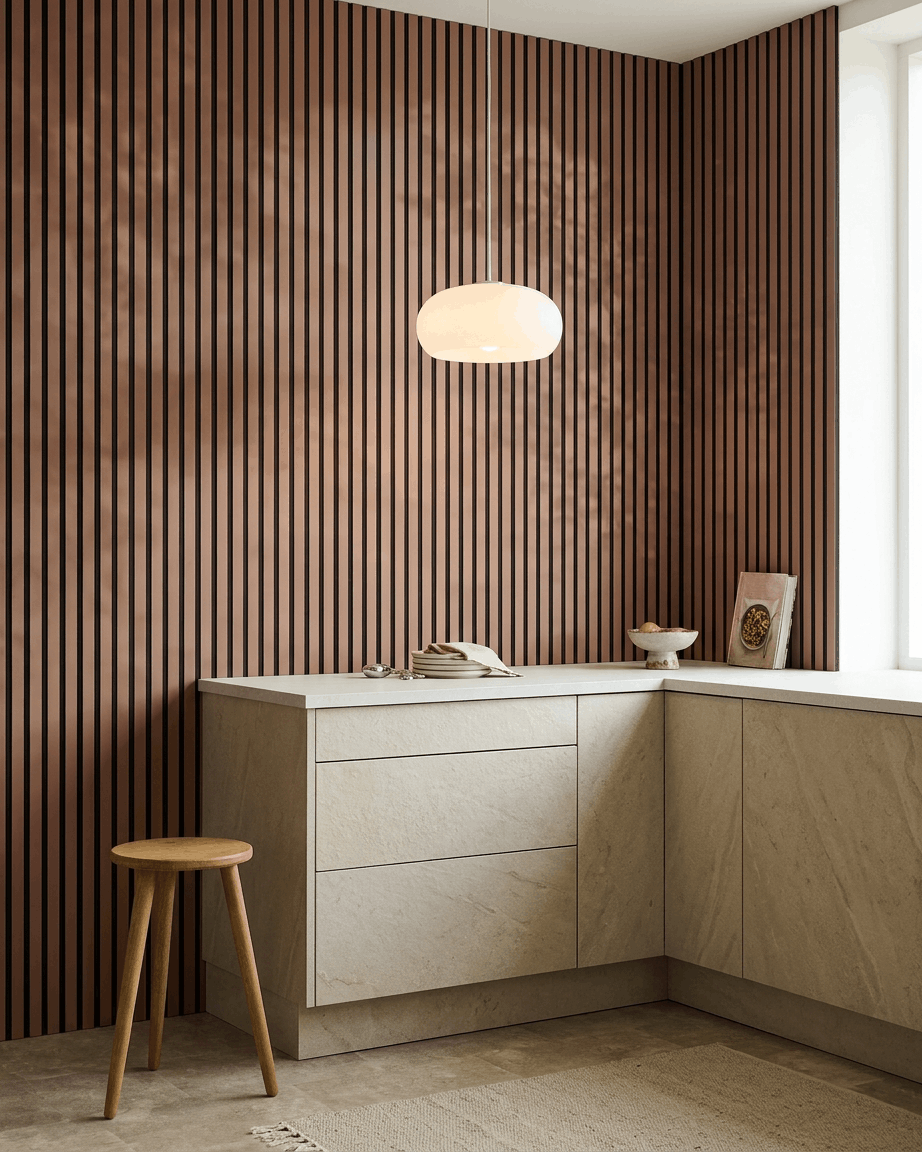 Cocina con armarios beige, taburete de madera y WoodUpp Akupanel Panel acústico en fieltro Black Clay en la pared. Lámpara colgante redonda sobre la encimera.