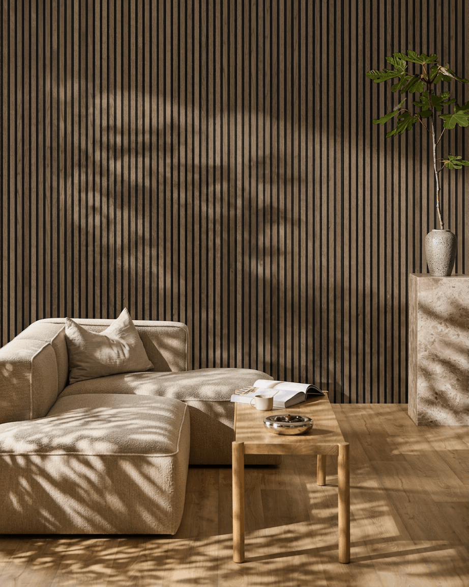 Salón minimalista con sofá seccional beige, mesa de centro de madera y planta; la luz del sol resalta el diseño nórdico y el WoodUpp Akupanel Panel acústico en Rustic Grey Oak.
