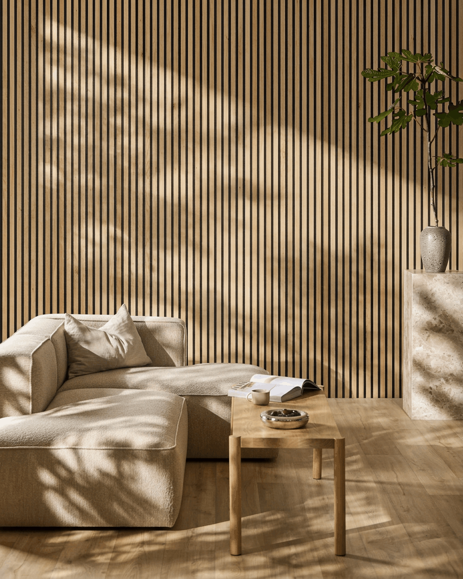 Salón minimalista con un sofá beige, mesa de madera, planta y un WoodUpp Akupanel Rustic Natural Oak Panel acústico iluminado por una luz solar suave.