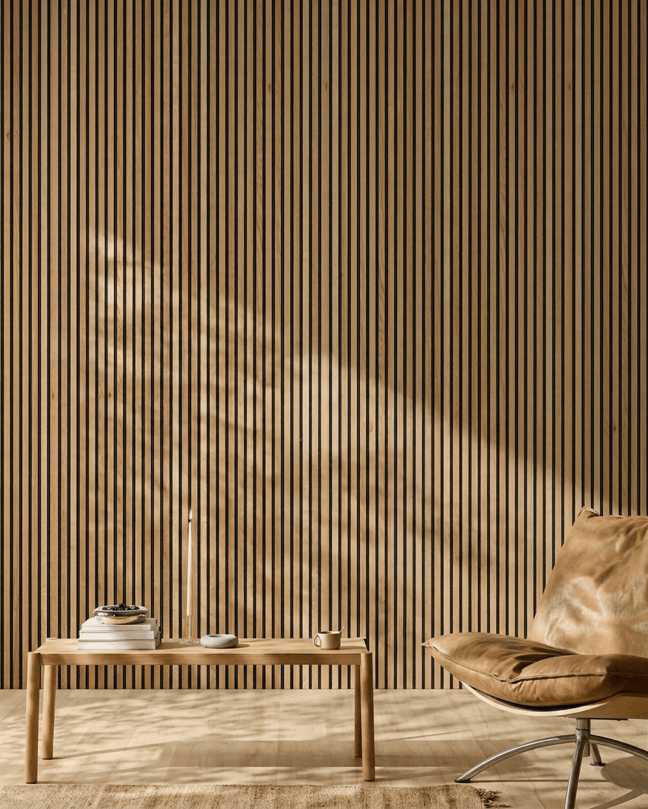 Espacio minimalista con una silla de cuero color canela, una mesa baja de madera y un panel acústico de lamas de madera WoodUpp Akupanel en acabado Rustic Brown Oak, iluminado por la luz del sol.
