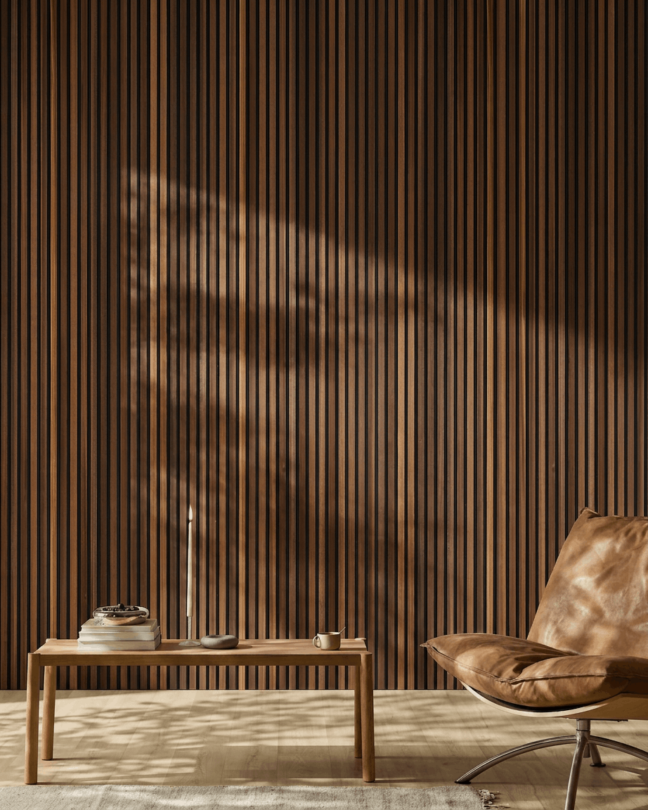 Interior escandinavo con un WoodUpp Akupanel Panel acústico en alerce ahumado, una silla de cuero brown, una mesa de madera y luz natural entrando sobre el suelo.