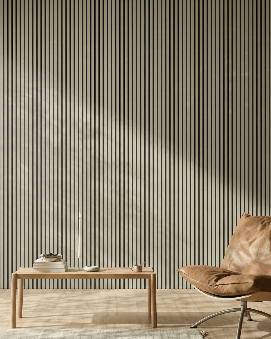 Espacio minimalista con sillón de cuero color canela, banco de madera, libros, vela y WoodUpp Akupanel Stone/Black Felt Panel acústico (240x60 cm) en la pared.