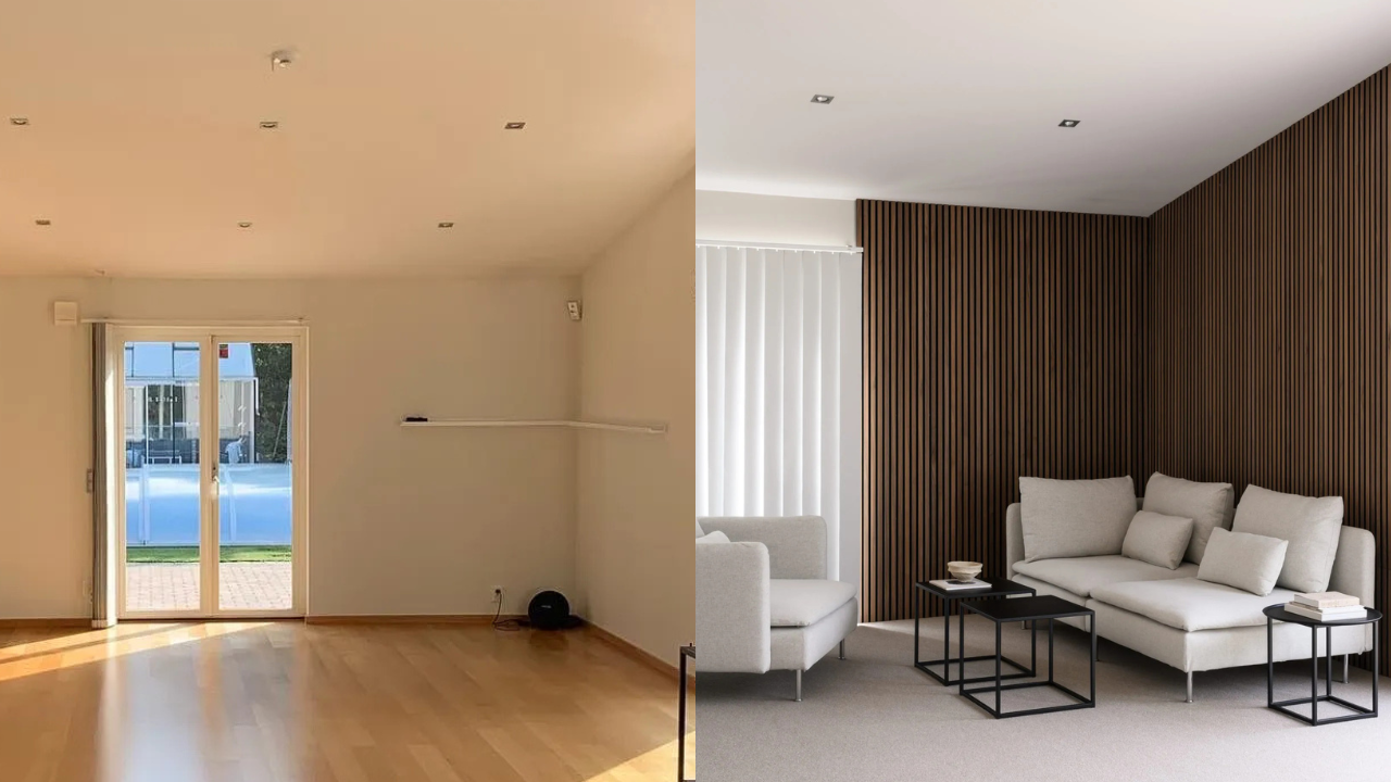 Escena dividida: a la izquierda, una habitación vacía con suelo de madera y puertas de cristal; a la derecha, un salón con sofás y paneles acústicos de Akupanel.