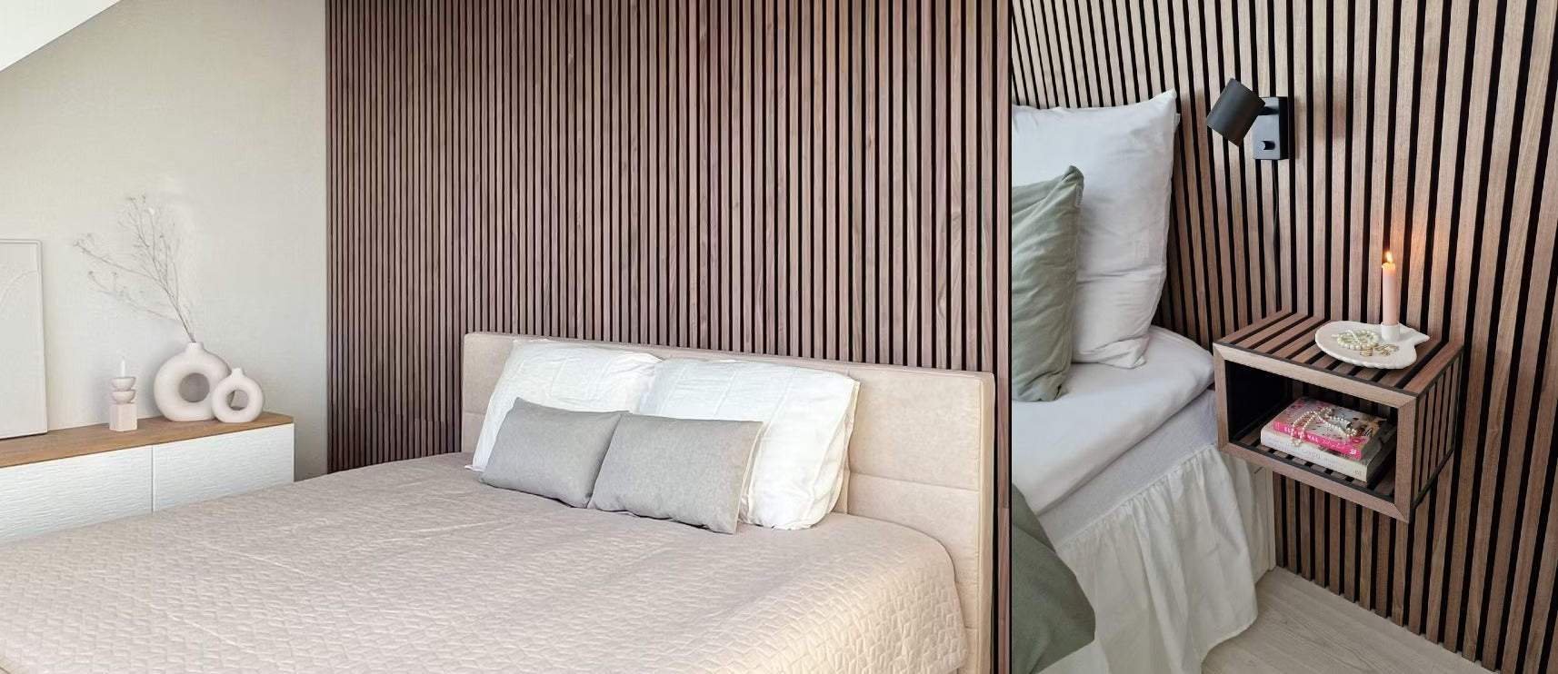 Un dormitorio moderno con una cama beige, almohadas neutras y una pared de acento de Akupanel de madera texturizada detrás de una mesilla de noche flotante con libros y una pequeña lámpara.