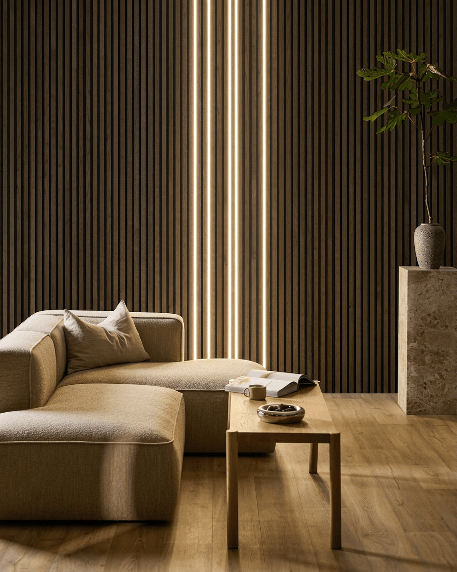 Salón minimalista con un sofá beige, una mesa de centro de madera y un jarrón alto frente a una pared de paneles acústicos de madera WoodUpp Akupanel, iluminada con la tira LED Lumi.