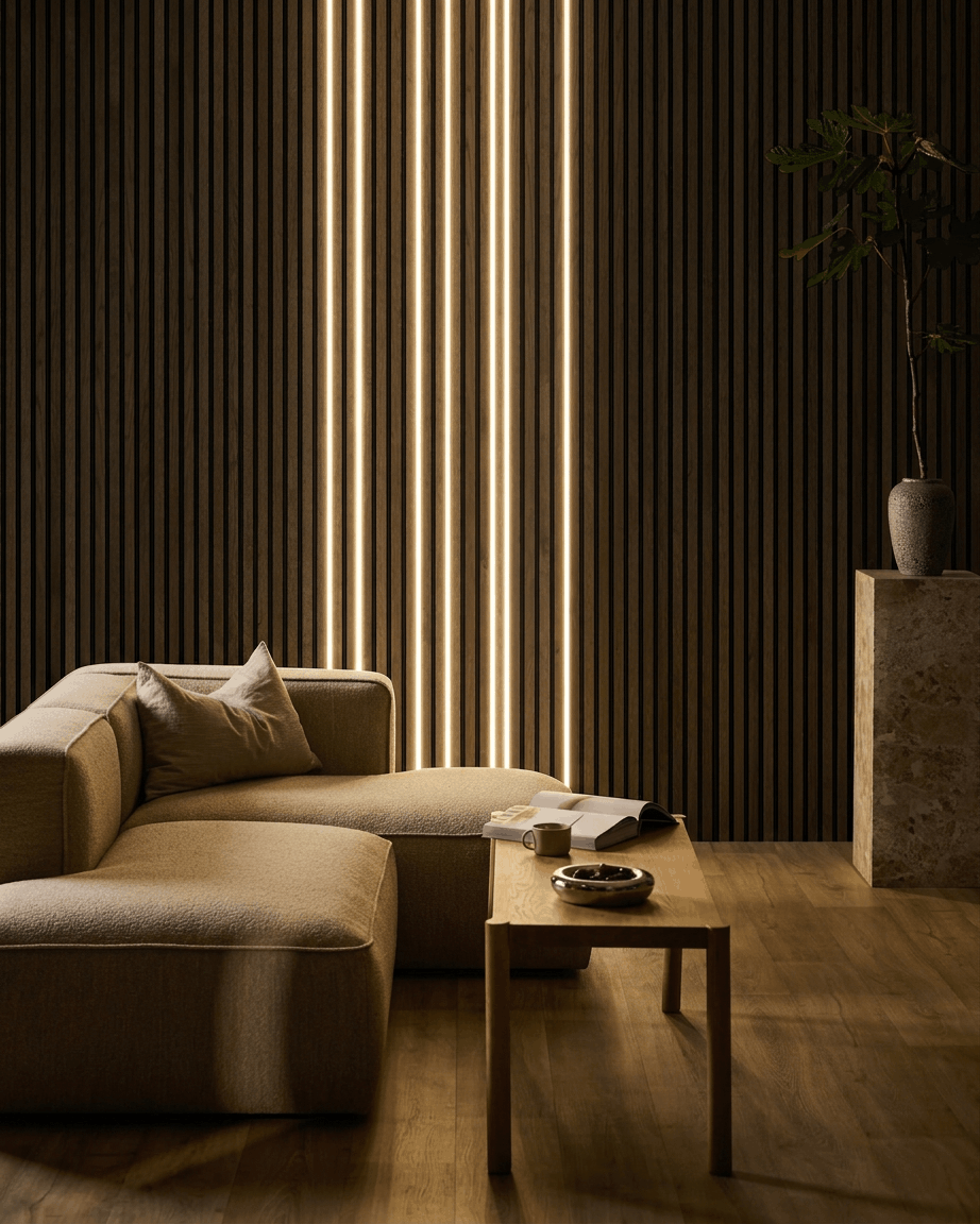 Minimalist living room with a beige sectional, wooden coffee table, and WoodUpp Akupanel acoustic wood panel wall featuring Lumi LED striplight (7 pcs, black, 240 cm).