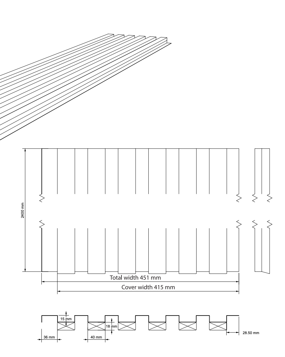 Dibujo técnico de un panel ondulado de fachada que muestra 451 mm de ancho, 415 mm de ancho de cubierta, 28,50 mm de altura y una sección transversal detallada para su instalación.