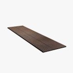 Panel rectangular de WoodUpp compuesto por lamas de madera estrechas y paralelas en tonos marrón sobre un soporte negro, creando franjas uniformes. Producto modular para revestimiento o techo, acabado liso y elegante que aporta textura, acústica y calidez visual a interiores.