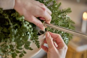 Manos ajustan una varilla metálica de acero inoxidable pulido en una maceta colgante blanca entre frondas verdes; se aprecia un pequeño clip adhesivo WoodUpp fijado al borde de la maceta, parte del sistema de sujeción metálica de WoodUpp para plantas colgantes.